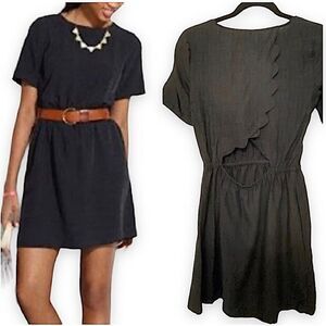 Madewell Black Scenic View Scallop open Back Dress 100% silk short sleeve XS